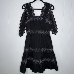 Celia B Women’s Umi Mini Dress Black Scallop Trim Multi Color Piping Size Small